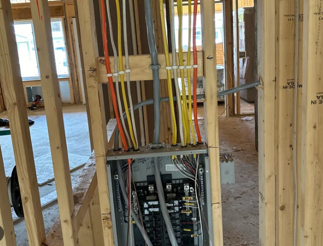 Residential electrical panel rough-in with wiring routed through unfinished wall framing