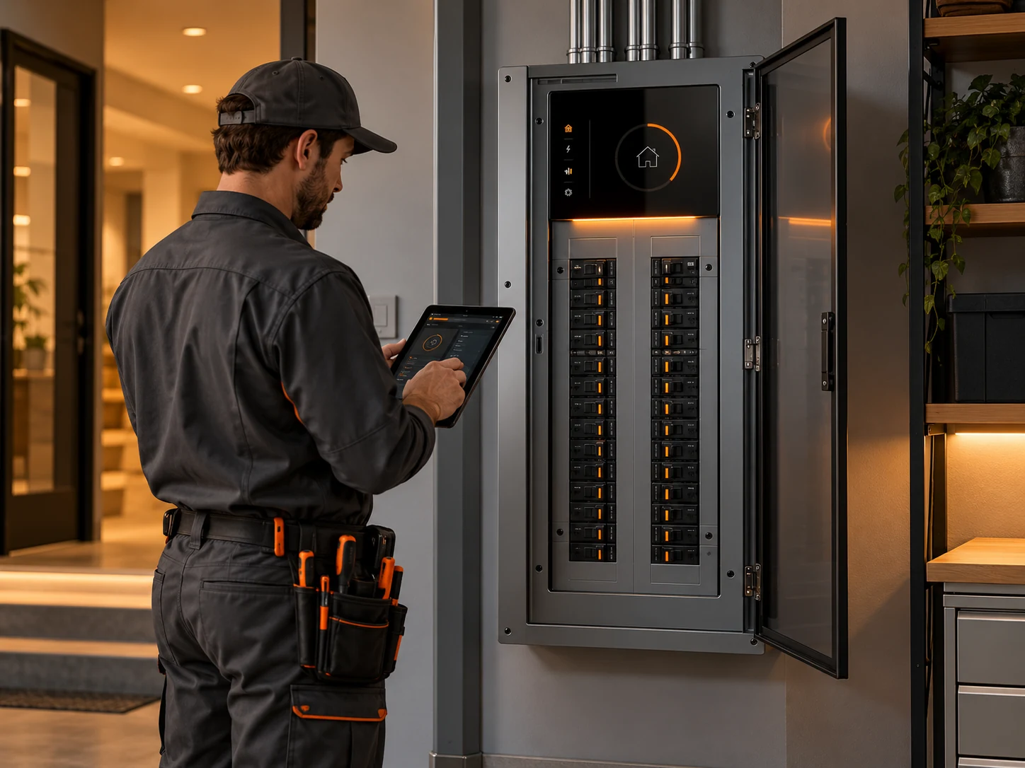 Electrician reviewing a modern smart electrical panel