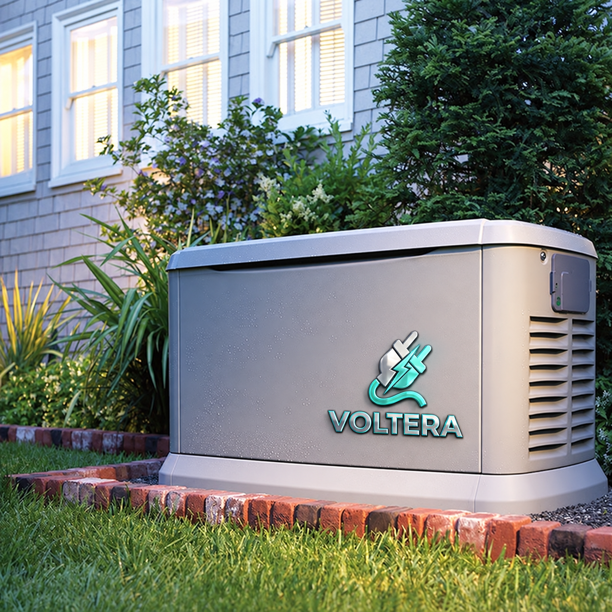 Voltera-branded standby generator outside a landscaped American home