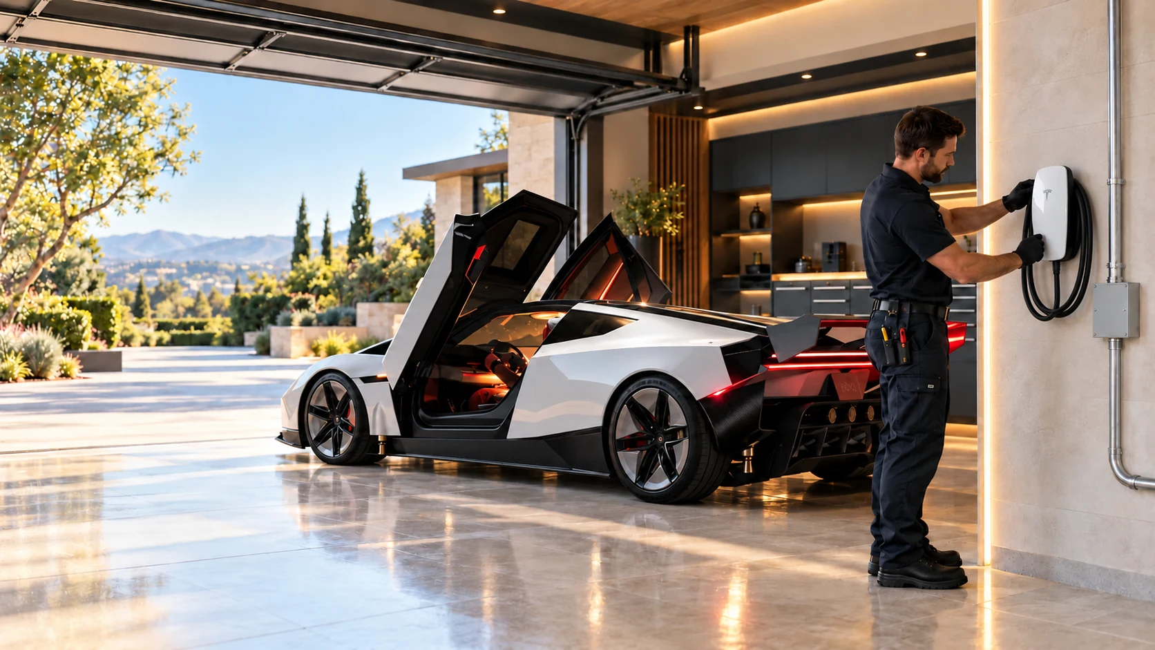 Electrician installing a Tesla Wall Connector beside an electric sports car in a high-end home garage